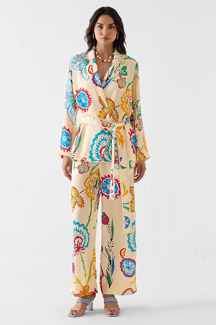 Cream Vegan Silk Floral Block Printed Co-Ord Set by Studio Rigu at Pernia's Pop Up Shop