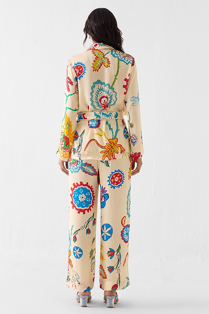 Cream Vegan Silk Floral Block Printed Co-Ord Set by Studio Rigu at Pernia's Pop Up Shop