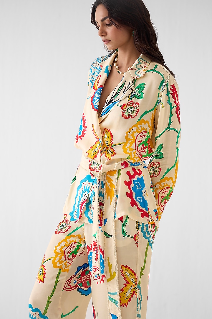 Cream Vegan Silk Floral Block Printed Co-Ord Set by Studio Rigu at Pernia's Pop Up Shop