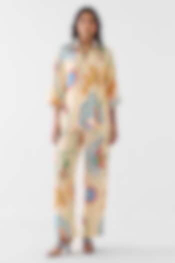 Cream Vegan Silk Floral Block Printed Co-Ord Set by Studio Rigu at Pernia's Pop Up Shop