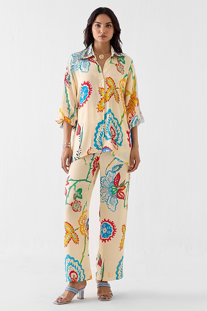 Cream Vegan Silk Floral Block Printed Co-Ord Set by Studio Rigu at Pernia's Pop Up Shop