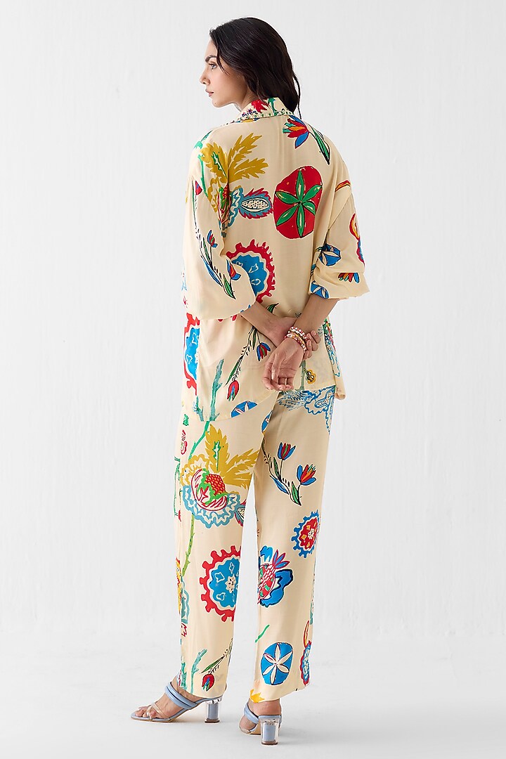 Cream Vegan Silk Floral Block Printed Co-Ord Set by Studio Rigu at Pernia's Pop Up Shop