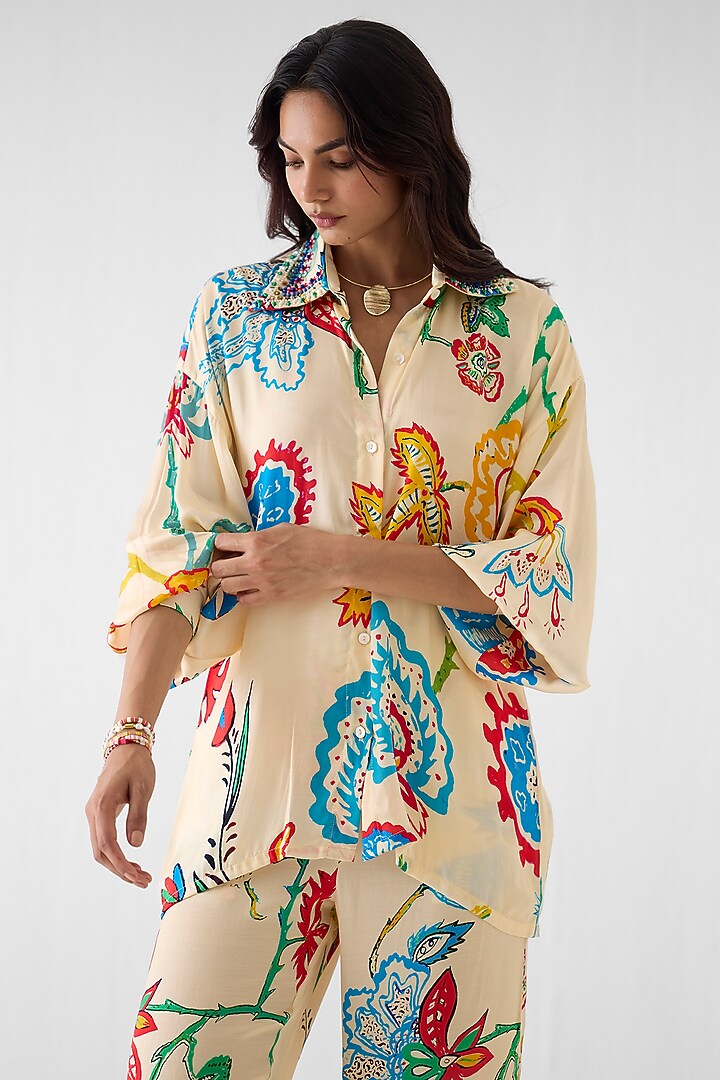 Cream Vegan Silk Floral Block Printed Co-Ord Set by Studio Rigu at Pernia's Pop Up Shop
