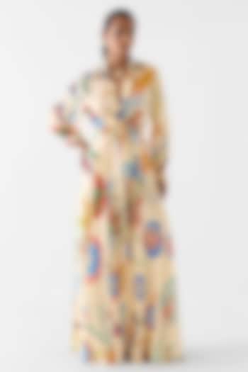 Cream Vegan Silk Floral Block Printed Skirt Set by Studio Rigu at Pernia's Pop Up Shop