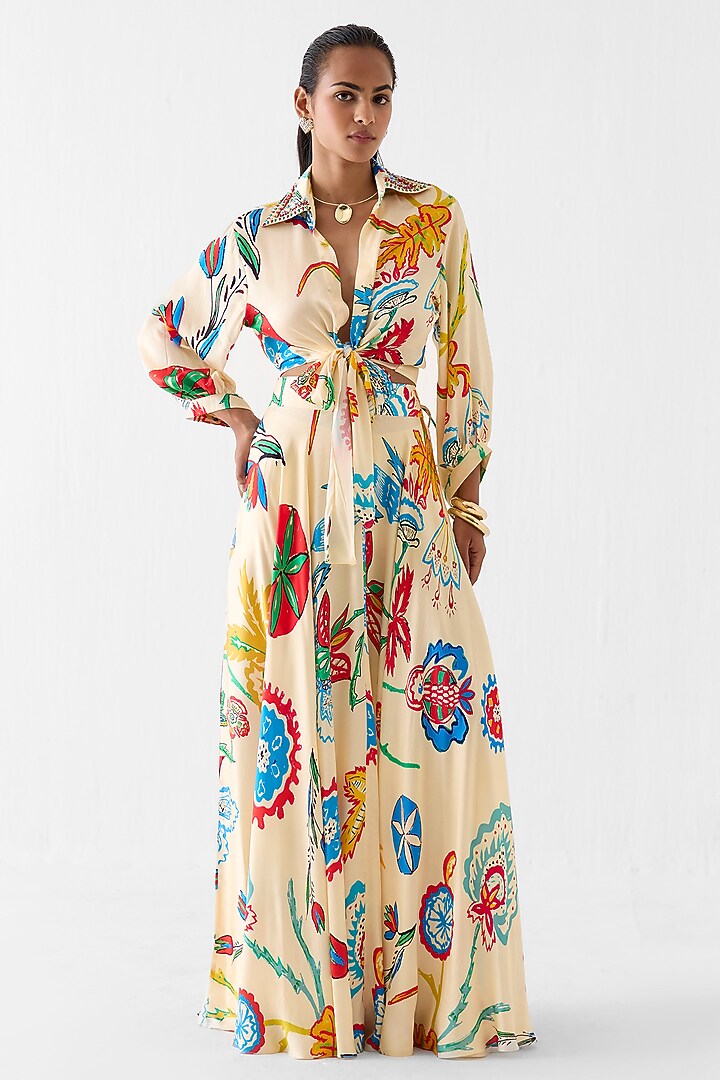 Cream Vegan Silk Floral Block Printed Skirt Set by Studio Rigu at Pernia's Pop Up Shop
