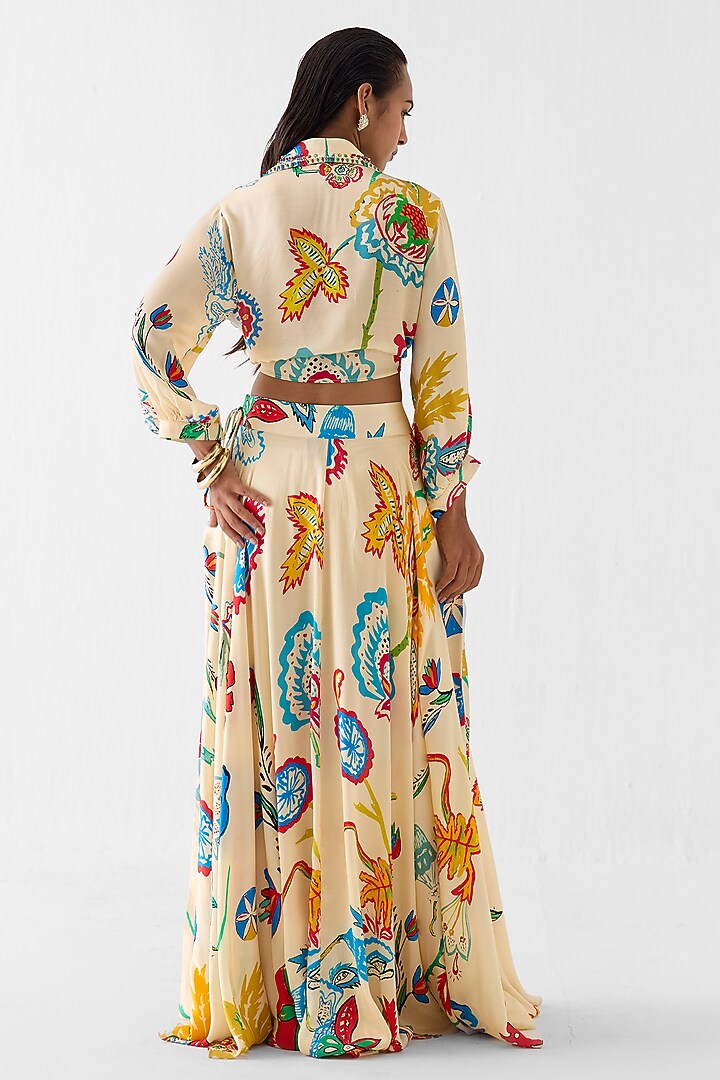 Cream Vegan Silk Floral Block Printed Skirt Set by Studio Rigu at Pernia's Pop Up Shop