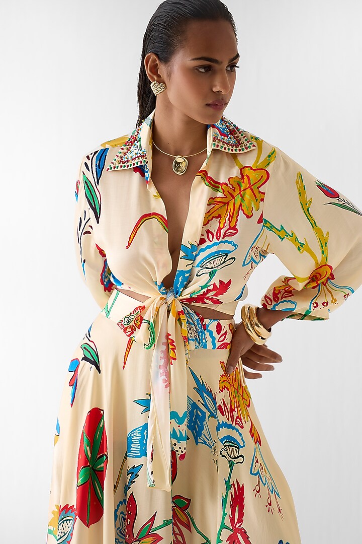Cream Vegan Silk Floral Block Printed Skirt Set by Studio Rigu at Pernia's Pop Up Shop