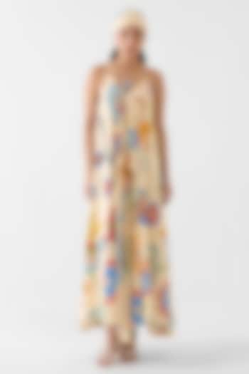 Cream Vegan Silk Floral Block Printed A-Line Strappy Summer Dress by Studio Rigu at Pernia's Pop Up Shop