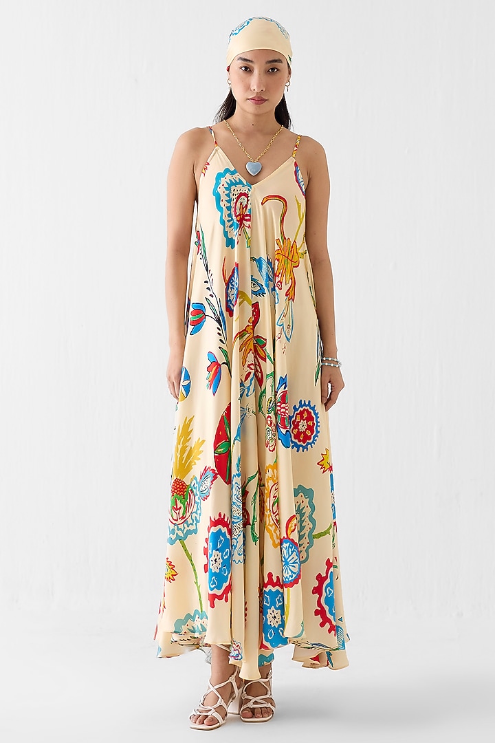 Cream Vegan Silk Floral Block Printed A-Line Strappy Summer Dress by Studio Rigu at Pernia's Pop Up Shop