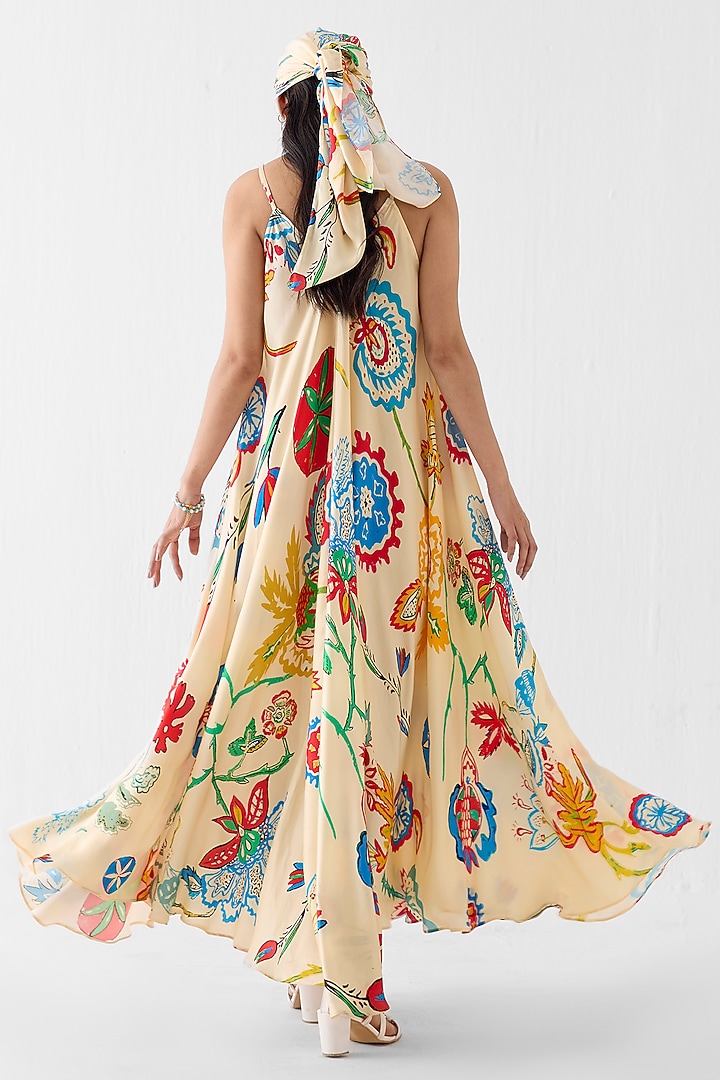 Cream Vegan Silk Floral Block Printed A-Line Strappy Summer Dress by Studio Rigu at Pernia's Pop Up Shop