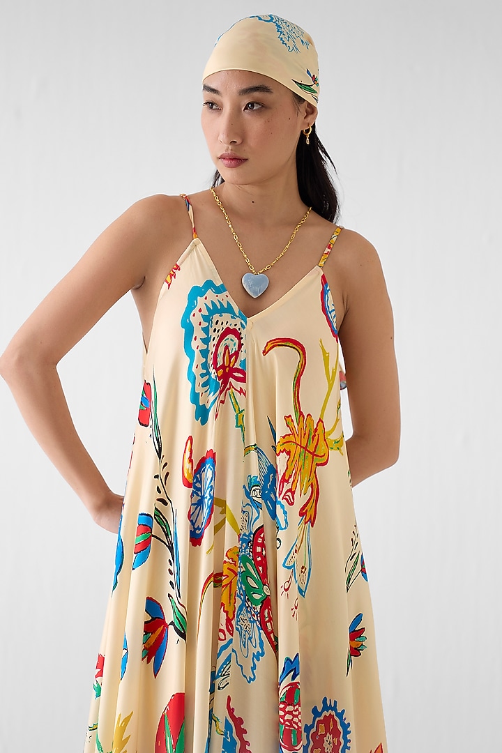 Cream Vegan Silk Floral Block Printed A-Line Strappy Summer Dress by Studio Rigu at Pernia's Pop Up Shop