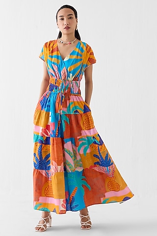 Multi-Colored Cotton Slub Hand Painted A-Line Dress by Studio Rigu