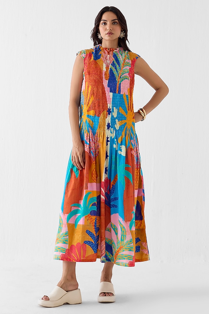 Multi-Colored Cotton Slub Hand Painted Gathered Vacation Dress by Studio Rigu at Pernia's Pop Up Shop