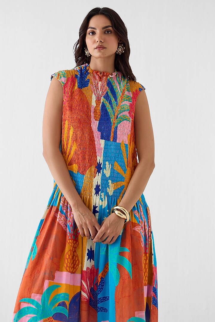 Multi-Colored Cotton Slub Hand Painted Gathered Vacation Dress by Studio Rigu at Pernia's Pop Up Shop