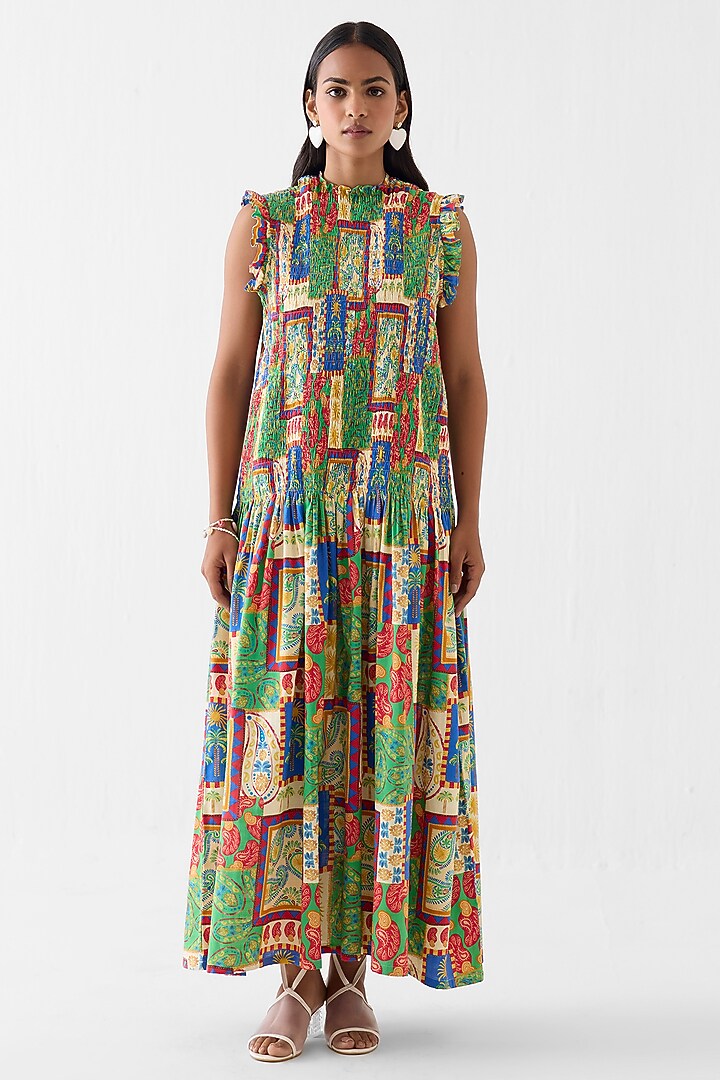 Multi-Colored Cotton Slub Patchwork Printed Ruched Vacation Dress by Studio Rigu at Pernia's Pop Up Shop