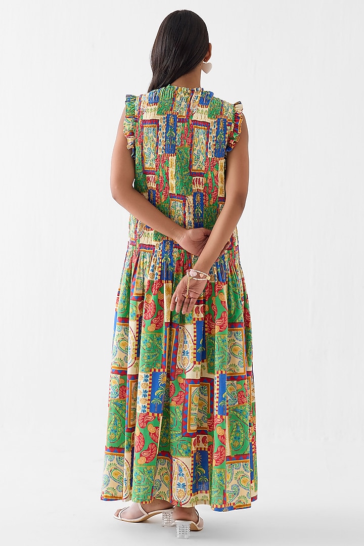 Multi-Colored Cotton Slub Patchwork Printed Ruched Vacation Dress by Studio Rigu at Pernia's Pop Up Shop
