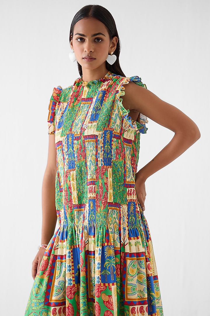Multi-Colored Cotton Slub Patchwork Printed Ruched Vacation Dress by Studio Rigu at Pernia's Pop Up Shop