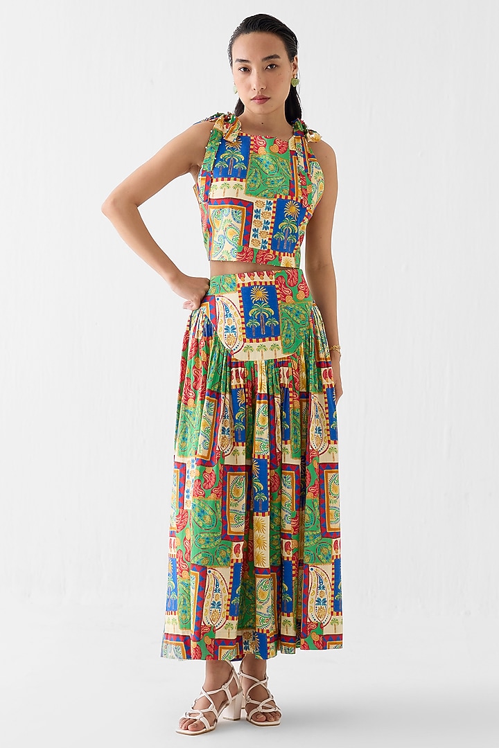 Multi-Colored Cotton Slub Patchwork Printed Skirt Set by Studio Rigu at Pernia's Pop Up Shop