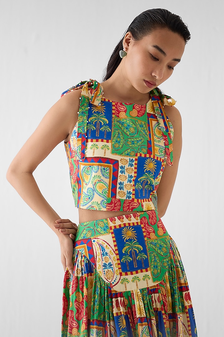 Multi-Colored Cotton Slub Patchwork Printed Skirt Set by Studio Rigu at Pernia's Pop Up Shop