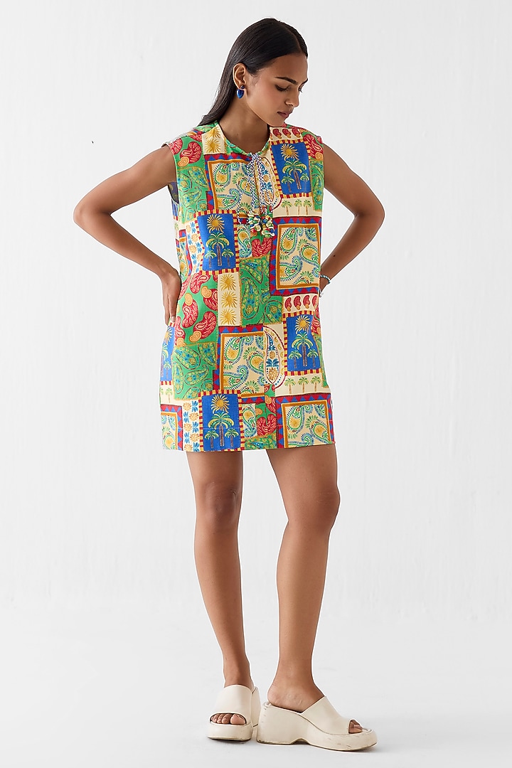 Multi-Colored Cotton Slub Patchwork Printed Mini Summer Dress by Studio Rigu at Pernia's Pop Up Shop