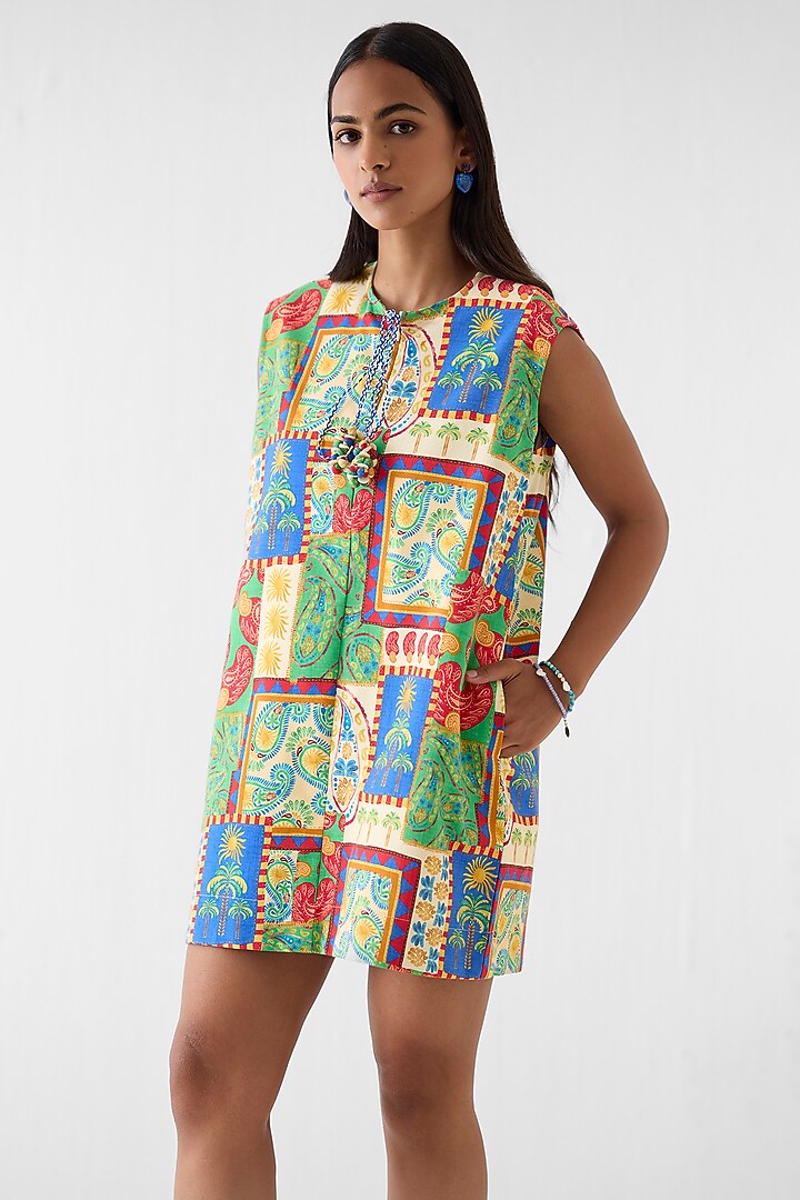 Multi-Colored Cotton Slub Patchwork Printed Mini Summer Dress by Studio Rigu at Pernia's Pop Up Shop