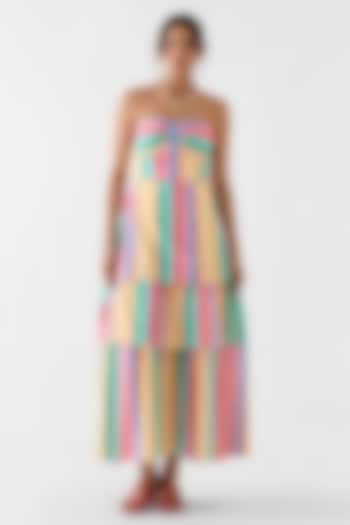 Multi-Colored Cotton Slub Leheriya Printed Tiered Off-Shoulder Vacation Dress by Studio Rigu at Pernia's Pop Up Shop