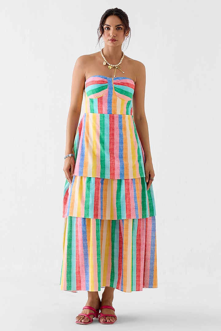 Multi-Colored Cotton Slub Leheriya Printed Tiered Off-Shoulder Vacation Dress by Studio Rigu at Pernia's Pop Up Shop