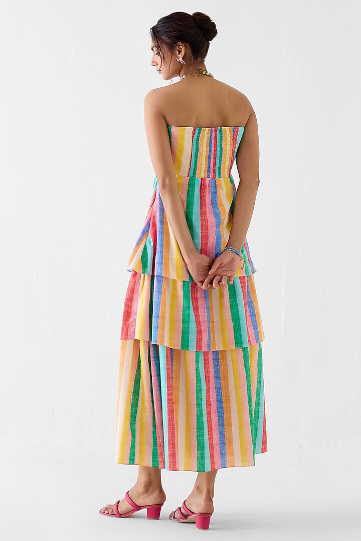 Multi-Colored Cotton Slub Leheriya Printed Tiered Off-Shoulder Vacation Dress by Studio Rigu at Pernia's Pop Up Shop