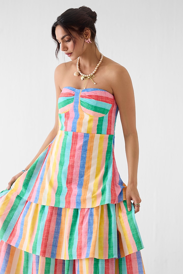 Multi-Colored Cotton Slub Leheriya Printed Tiered Off-Shoulder Vacation Dress by Studio Rigu at Pernia's Pop Up Shop