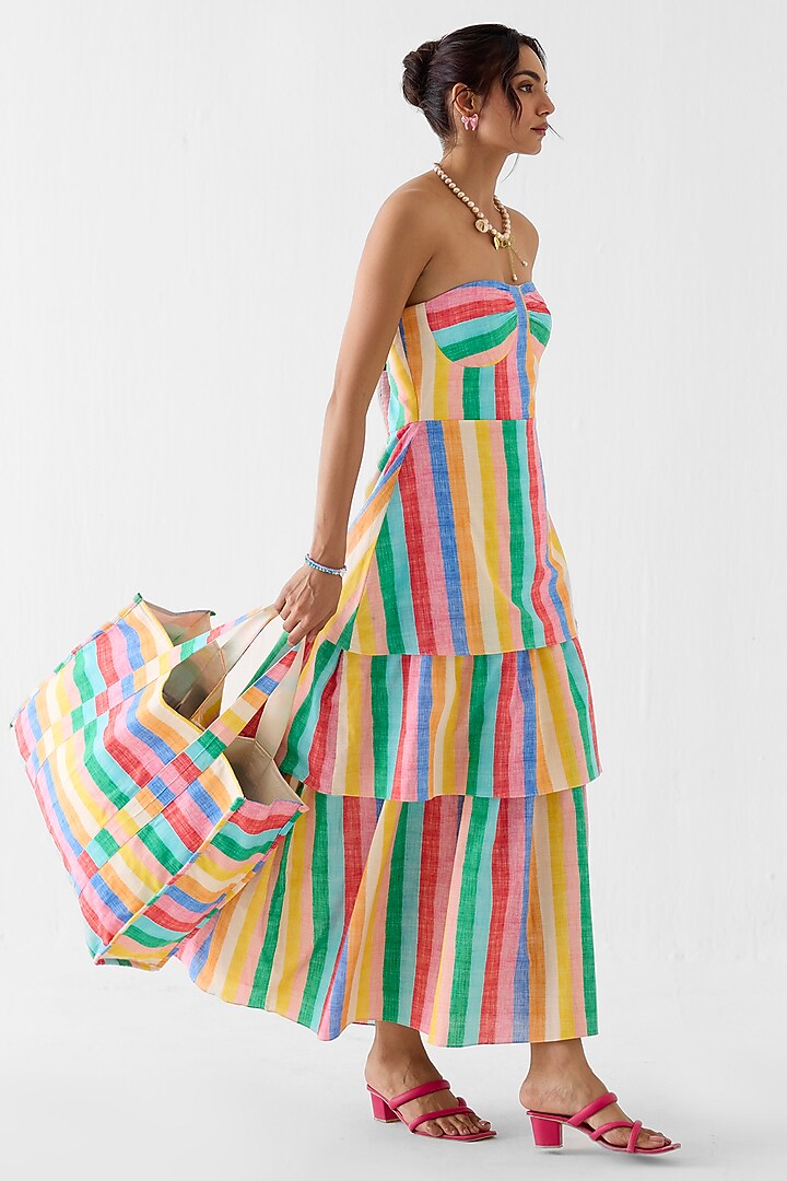 Multi-Colored Cotton Slub Leheriya Printed Tiered Off-Shoulder Vacation Dress by Studio Rigu at Pernia's Pop Up Shop