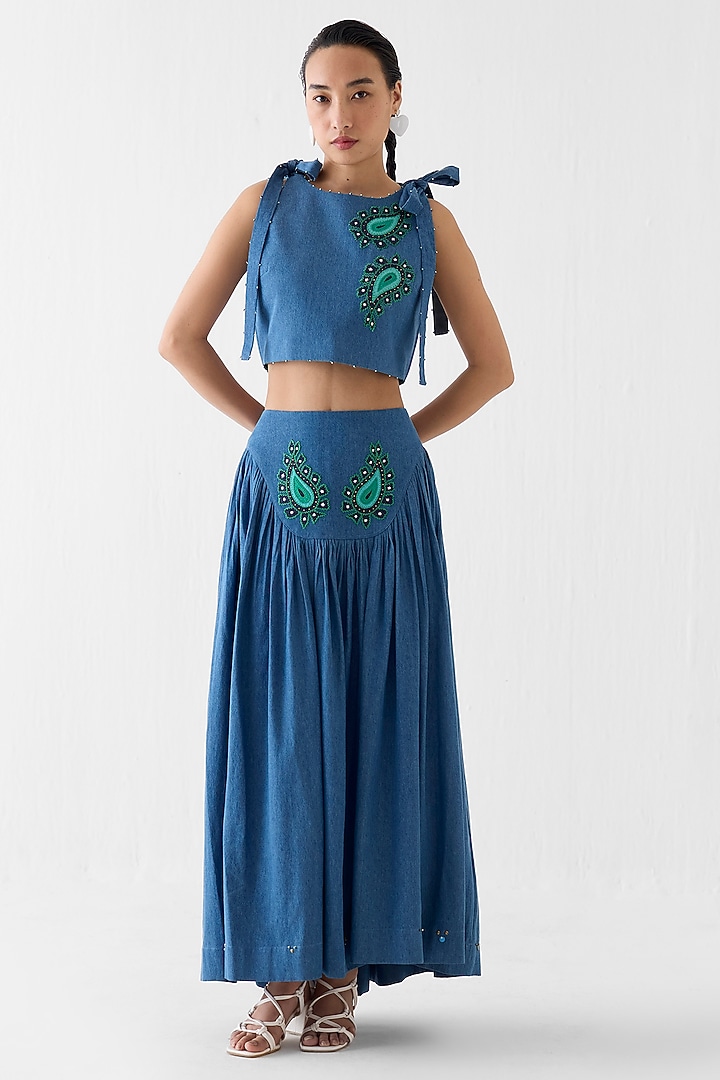 Denim Blue Cotton Denim Patchwork Skirt Set by Studio Rigu at Pernia's Pop Up Shop