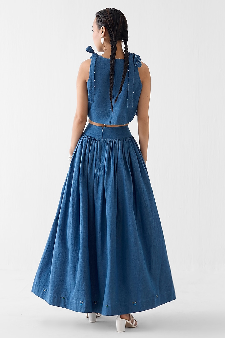 Denim Blue Cotton Denim Patchwork Skirt Set by Studio Rigu at Pernia's Pop Up Shop
