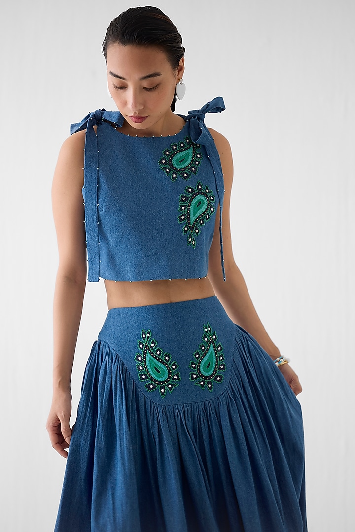 Denim Blue Cotton Denim Patchwork Skirt Set by Studio Rigu at Pernia's Pop Up Shop