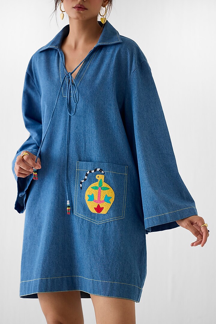 Denim Blue Cotton Denim Patchwork Mini Vacation Dress by Studio Rigu at Pernia's Pop Up Shop