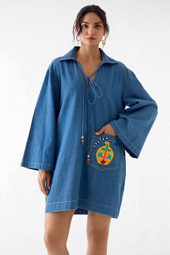 Denim Blue Cotton Denim Patchwork Mini Vacation Dress by Studio Rigu at Pernia's Pop Up Shop