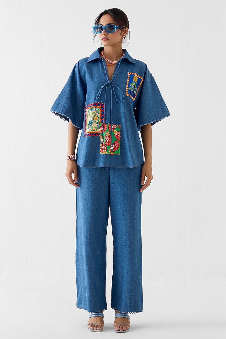 Denim Blue Cotton Denim Patchwork Co-Ord Set by Studio Rigu at Pernia's Pop Up Shop