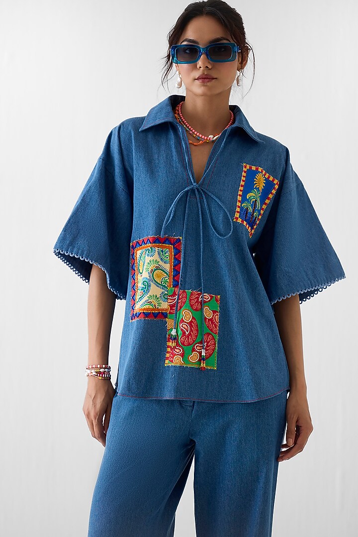 Denim Blue Cotton Denim Patchwork Co-Ord Set by Studio Rigu at Pernia's Pop Up Shop
