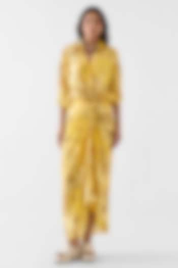 Yellow Vegan Silk Paisley Printed Draped Shirt Summer Dress by Studio Rigu at Pernia's Pop Up Shop