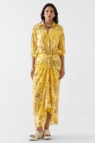 Yellow Vegan Silk Paisley Printed Draped Shirt Dress by Studio Rigu