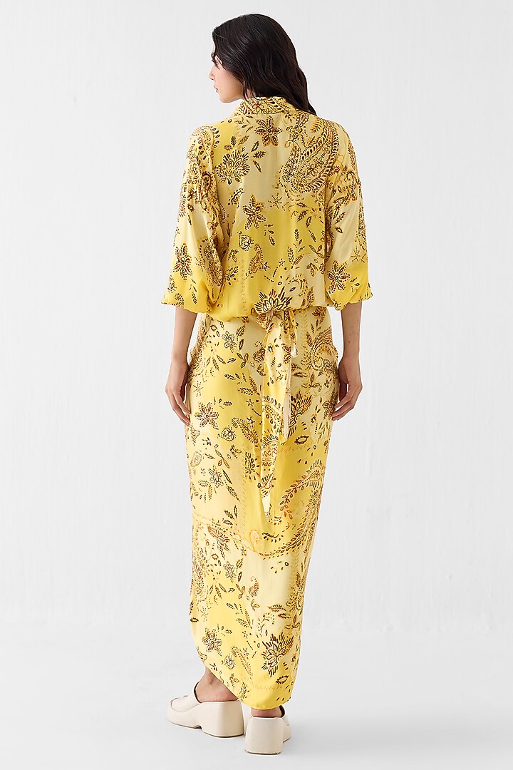 Yellow Vegan Silk Paisley Printed Draped Shirt Summer Dress by Studio Rigu at Pernia's Pop Up Shop