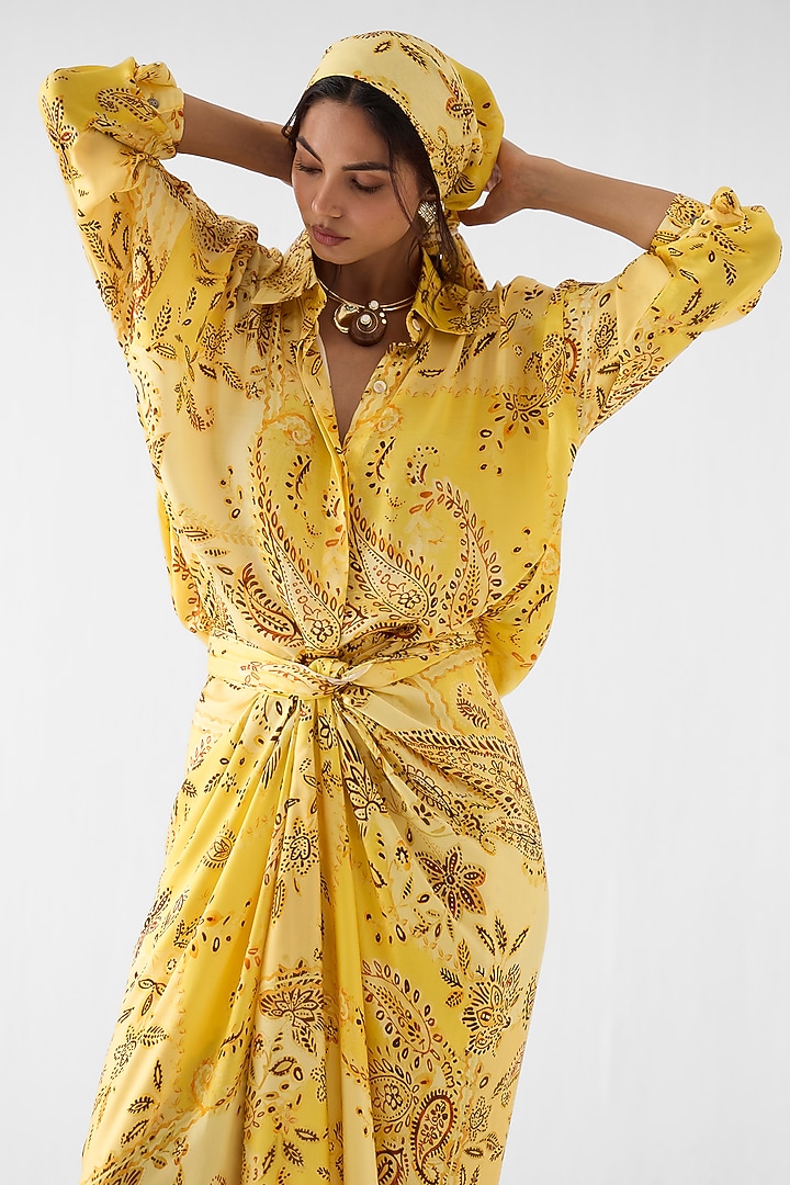 Yellow Vegan Silk Paisley Printed Draped Shirt Summer Dress by Studio Rigu at Pernia's Pop Up Shop