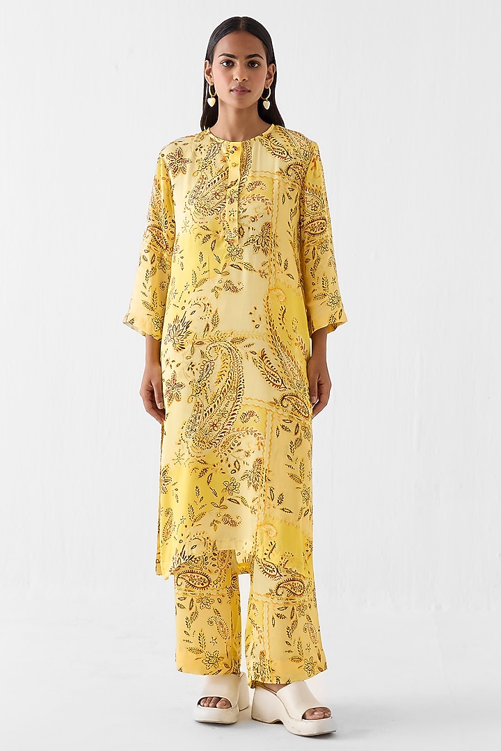 Yellow Vegan Silk Paisley Printed Straight Kurta Set by Studio Rigu at Pernia's Pop Up Shop