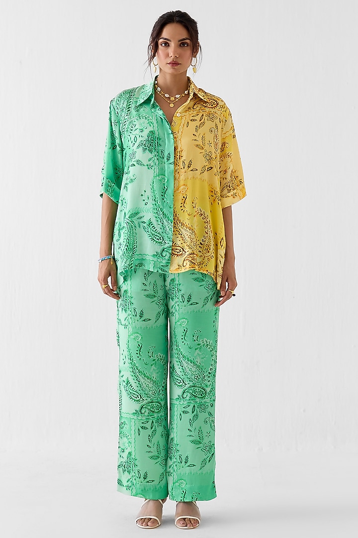 Yellow & Green Vegan Silk Paisley Printed Co-Ord Set by Studio Rigu at Pernia's Pop Up Shop