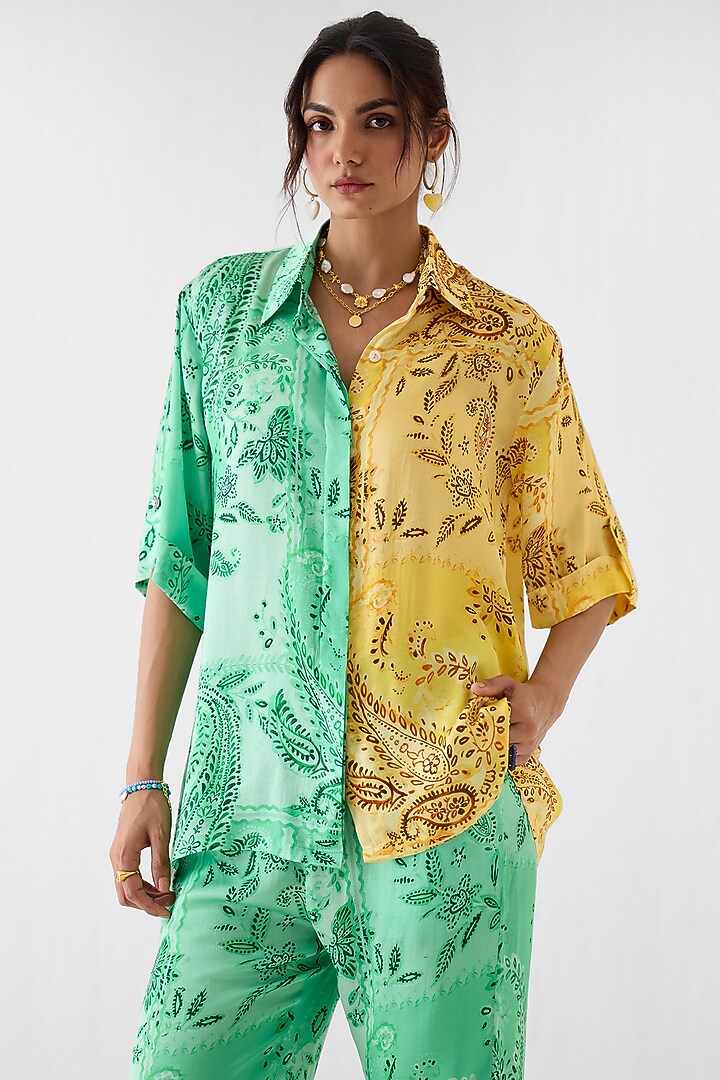 Yellow & Green Vegan Silk Paisley Printed Co-Ord Set by Studio Rigu at Pernia's Pop Up Shop