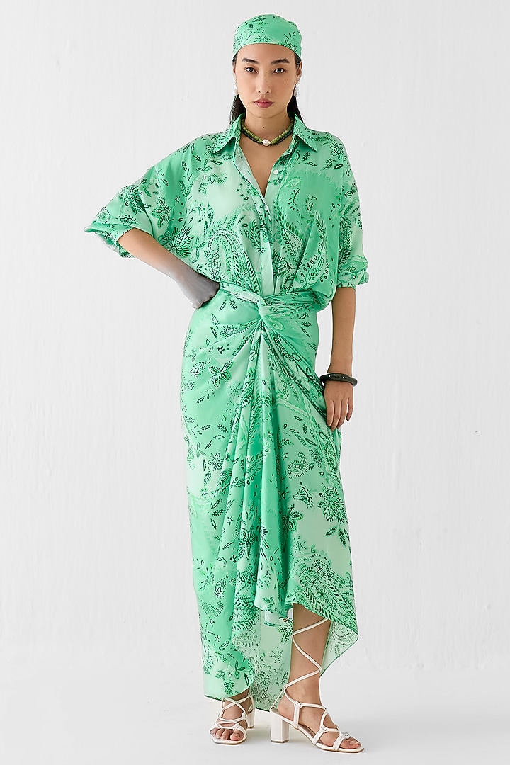 Green Vegan Silk Paisley Printed Draped Shirt Summer Dress by Studio Rigu at Pernia's Pop Up Shop