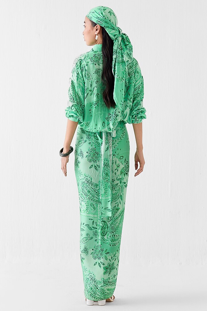 Green Vegan Silk Paisley Printed Draped Shirt Summer Dress by Studio Rigu at Pernia's Pop Up Shop