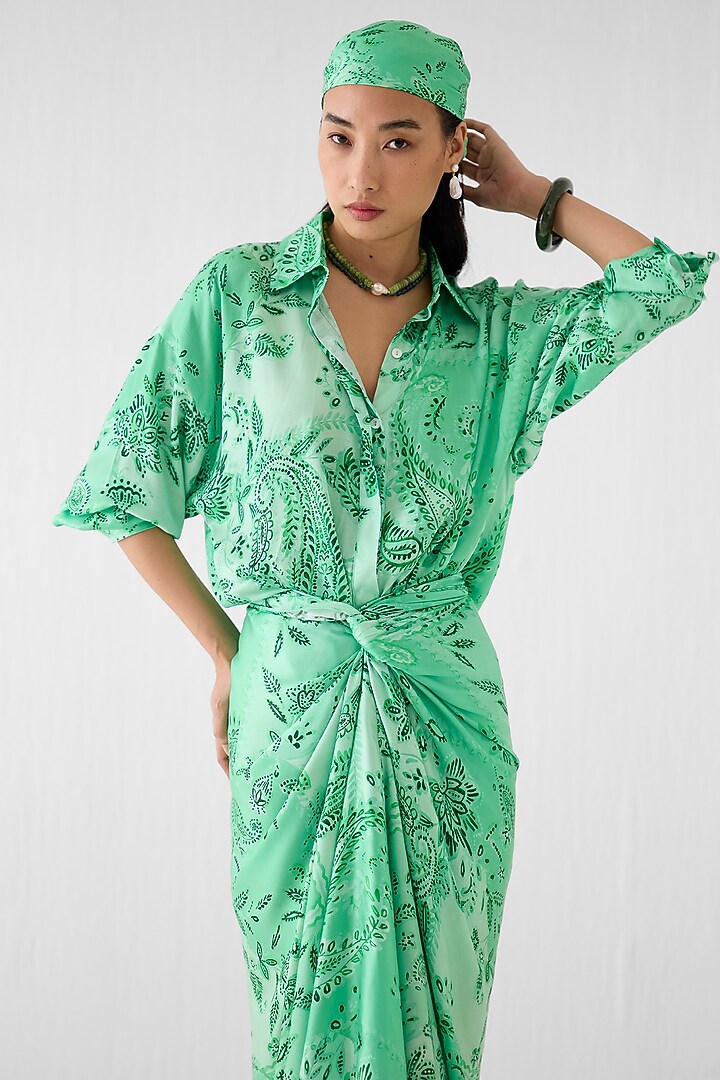 Green Vegan Silk Paisley Printed Draped Shirt Summer Dress by Studio Rigu at Pernia's Pop Up Shop