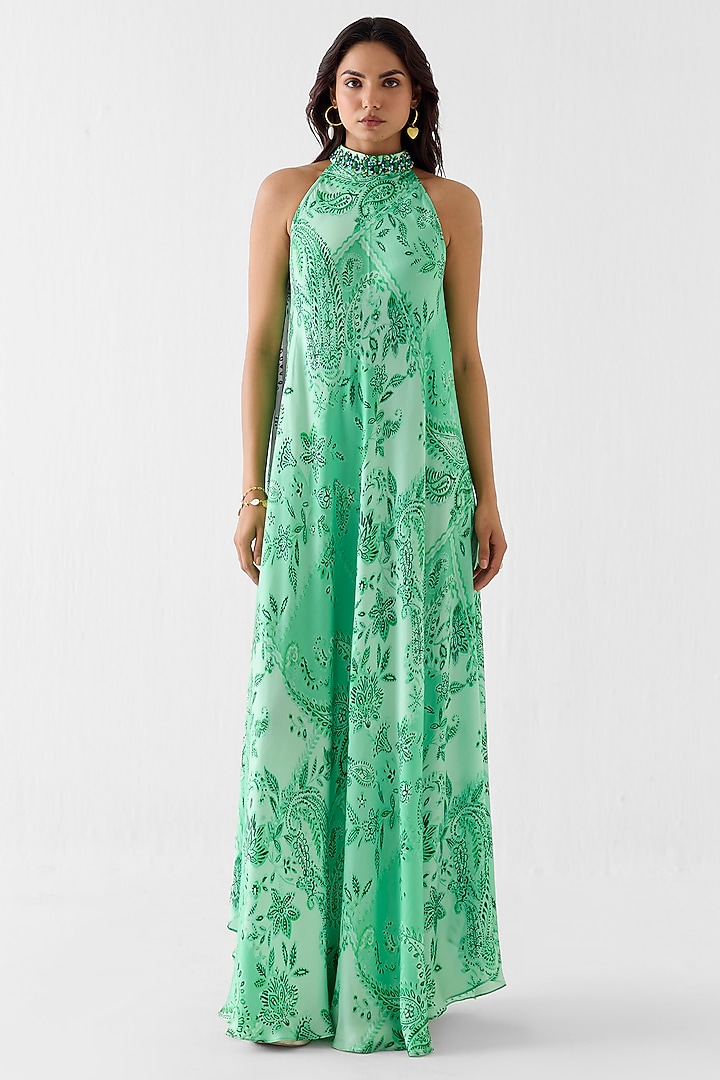 Green Vegan Silk Paisley Printed Halter Vacation Dress by Studio Rigu at Pernia's Pop Up Shop