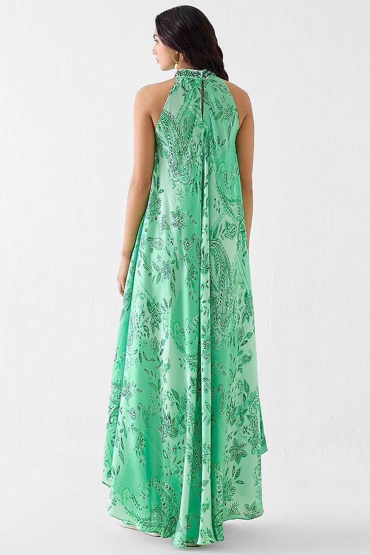 Green Vegan Silk Paisley Printed Halter Vacation Dress by Studio Rigu at Pernia's Pop Up Shop