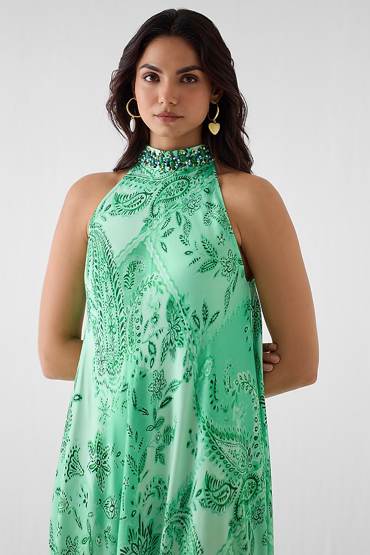 Green Vegan Silk Paisley Printed Halter Vacation Dress by Studio Rigu at Pernia's Pop Up Shop